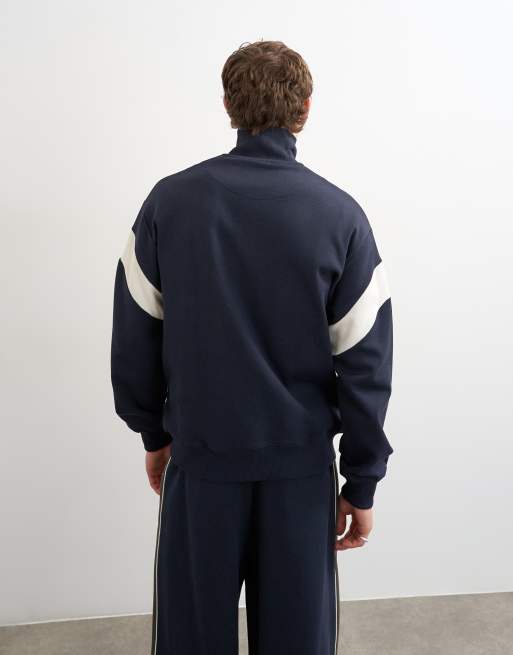 Topman classic fit paneled pique track top in navy, 4 of 5