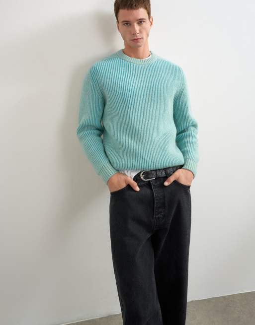 Topman classic fit plaited fisherman knit sweater in teal, 4 of 5