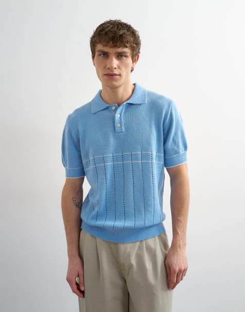 Topman classic fit pointelle knitted polo in light blue - view 1