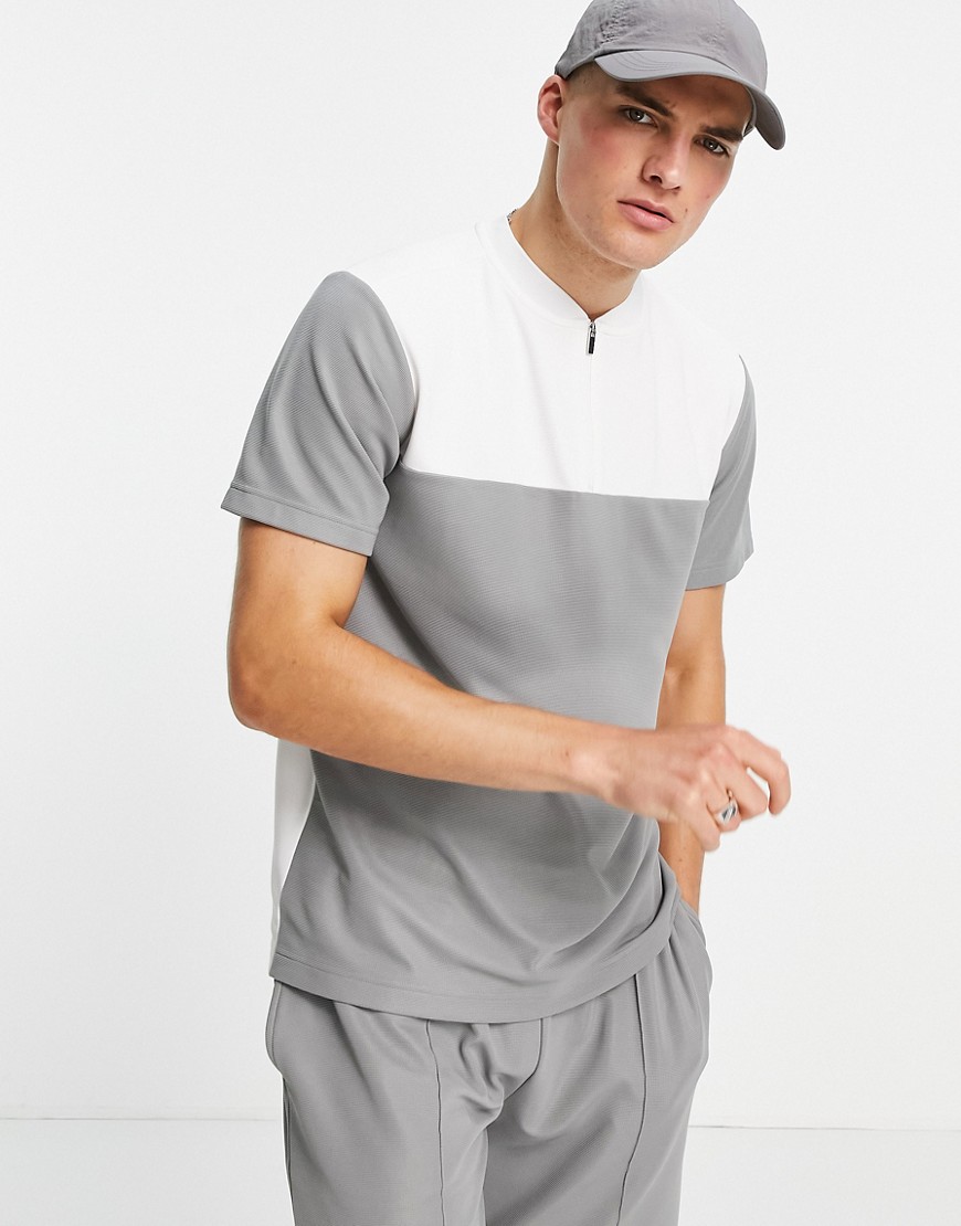 topman classic fit polo with baseball neck in cut and sew charcoal-grey