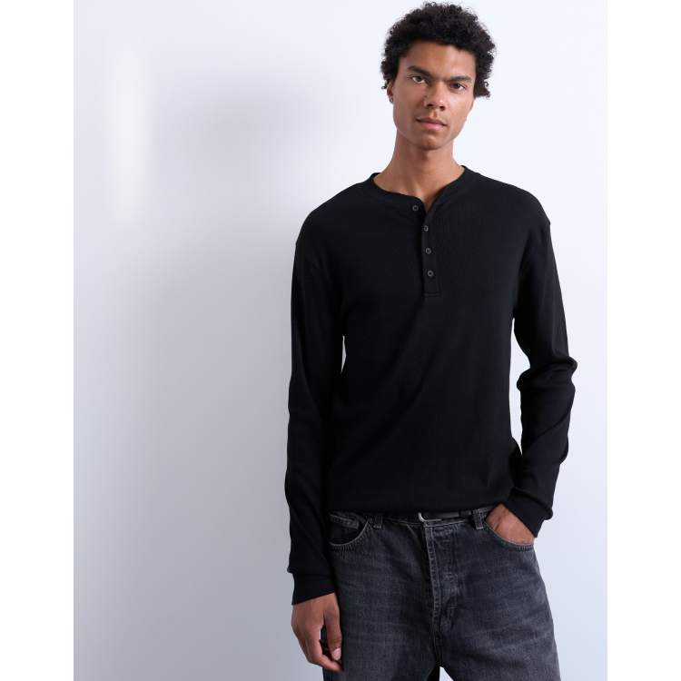 Topman classic fit rib knit long sleeve henley t-shirt in black | ASOS