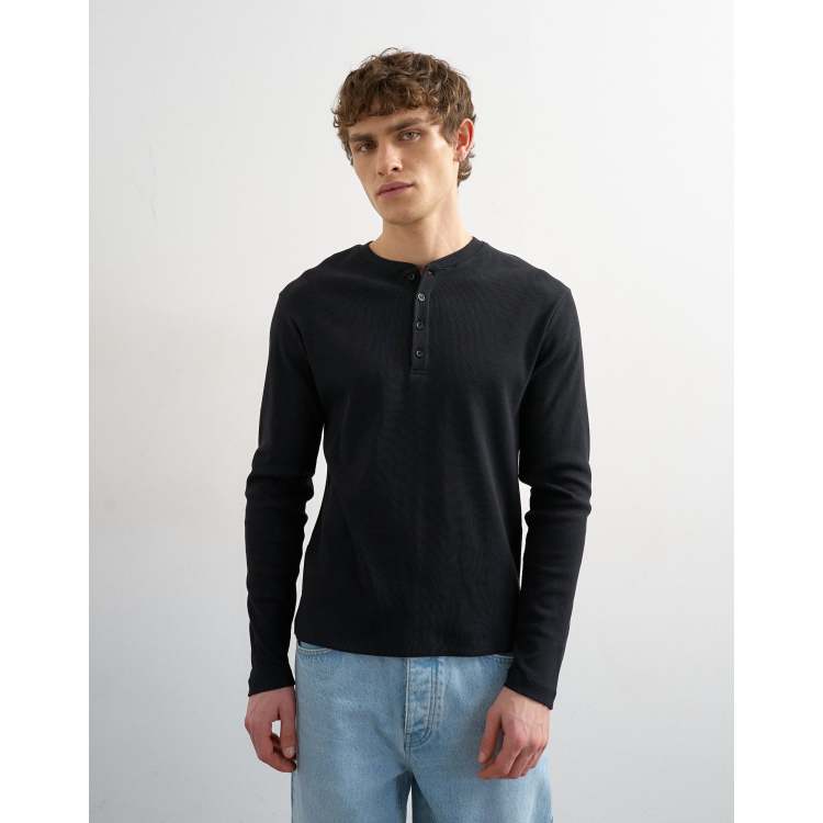 Topman classic fit rib long sleeve henley t-shirt in black | ASOS