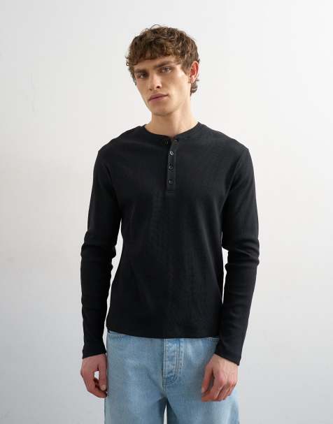 Topman classic fit rib long sleeve henley t-shirt in black