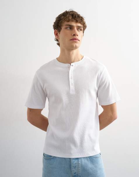 Topman classic fit ribbed henley neck t-shirt in white - view 1