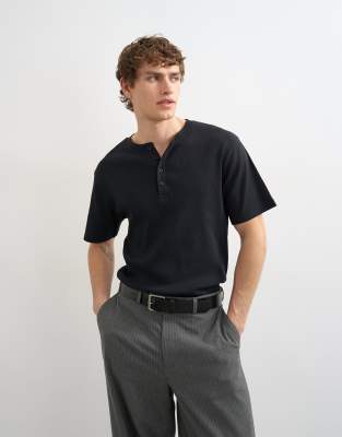 Topman Classic Fit Ribbed Henley T-shirt In Black