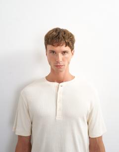 Model wearing Classic fit ribbed henley t-shirt in ecru