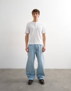 Model wearing Classic fit ribbed henley t-shirt in white