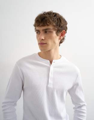 Topman Classic Fit Ribbed Long Sleeve Henley T-shirt In White