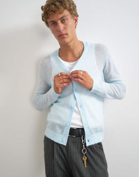 Topman classic fit sheer knit cardigan in light blue - view 1