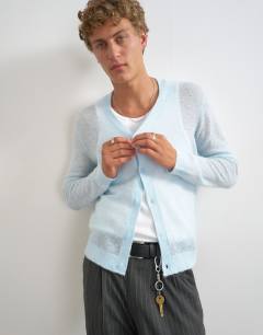 Model wearing Classic fit sheer knit cardigan in light blue