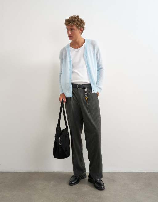 Topman classic fit sheer knit cardigan in light blue, 3 of 5