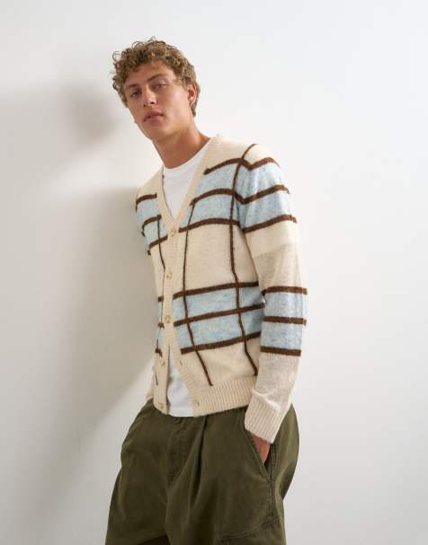 Topman classic fit sheer knit cardigan with check in ecru - view 1
