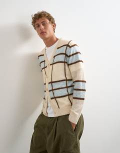 Model wearing Classic fit sheer knit cardigan with check in ecru
