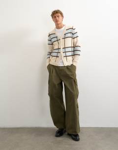 Model wearing Classic fit sheer knit cardigan with check in ecru