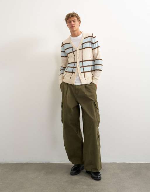 Topman classic fit sheer knit cardigan with check in ecru, 2 of 5