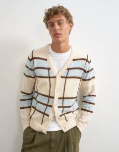 Model wearing Classic fit sheer knit cardigan with check in ecru