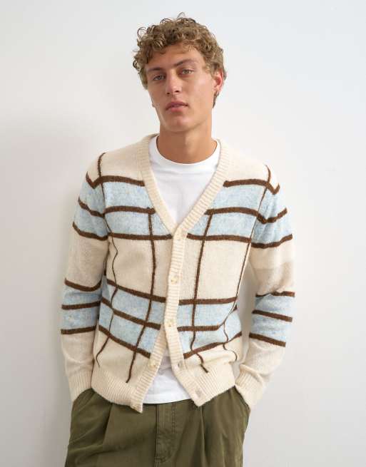 Topman classic fit sheer knit cardigan with check in ecru, 3 of 5
