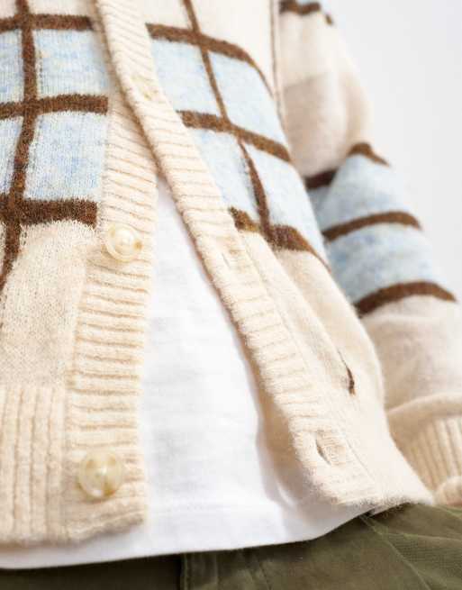Topman classic fit sheer knit cardigan with check in ecru, 4 of 5