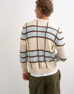 Model wearing Classic fit sheer knit cardigan with check in ecru