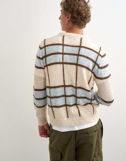 Topman classic fit sheer knit cardigan with check in ecru, 5 of 5