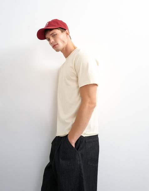 Topman classic fit sliten t-shirt med rå fåll i ecru - view 1