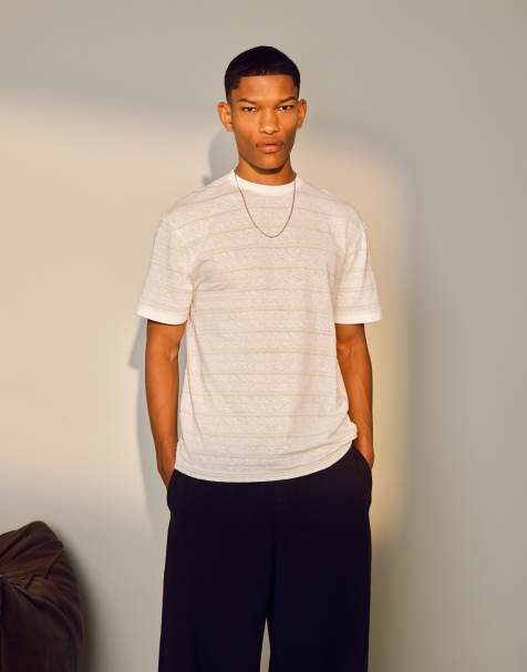 Topman classic fit slub stripe t-shirt in ecru - view 1