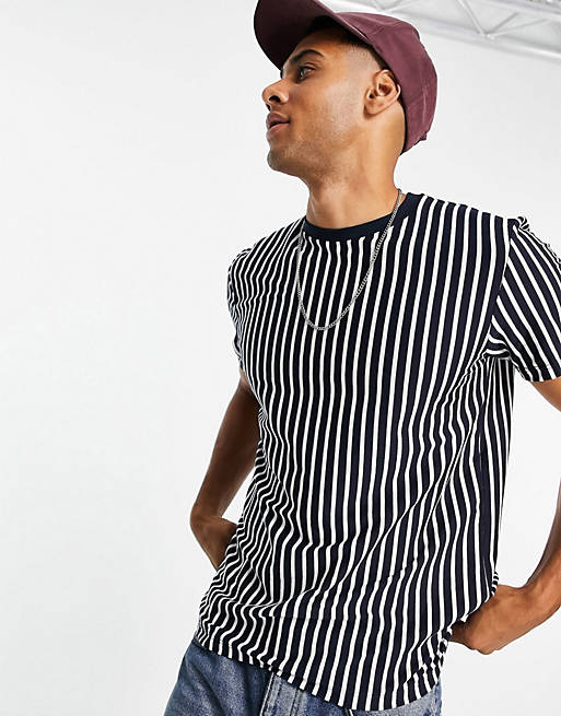 Topman classic fit stripe t-shirt in navy and white 