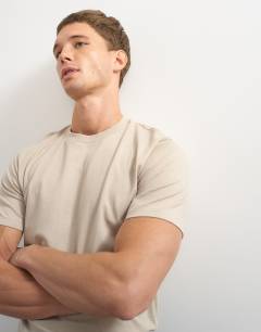 Model wearing Classic fit t-shirt in stone