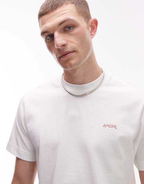 Topman classic fit t-shirt with Amore embroidery in ecru - view 1