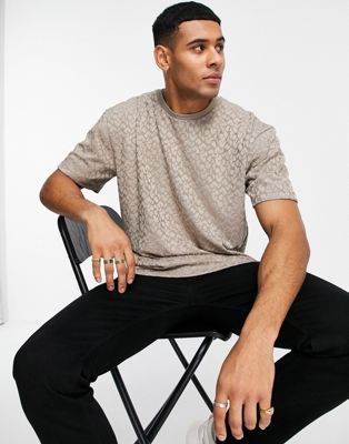 Topman classic fit t-shirt with animal jacquard in stone
