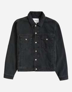 Model wearing Classic fit western denim jacket in washed black