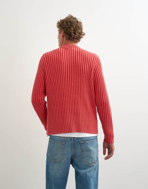 Topman classic fit zip through knitted jumper with thick ribbing in washed red, 5 of 5