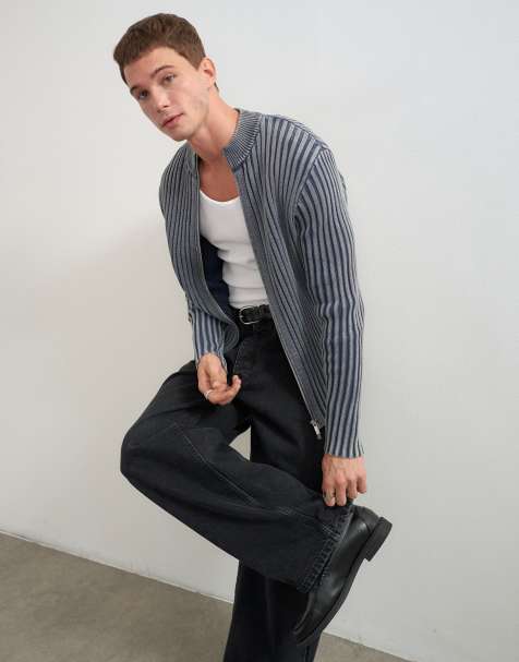 Topman classic fit zip-through knitted sweater with thick ribbing in washed gray - view 1