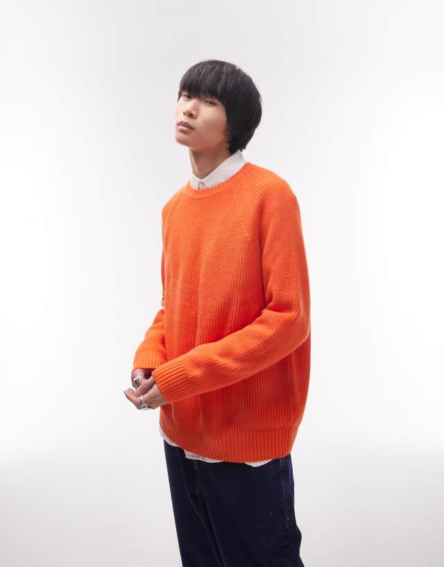 Topman classic knit fisherman sweater in orange