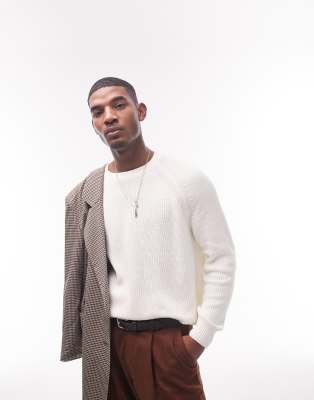 Topman classic knitted fisherman jumper in ecru-White