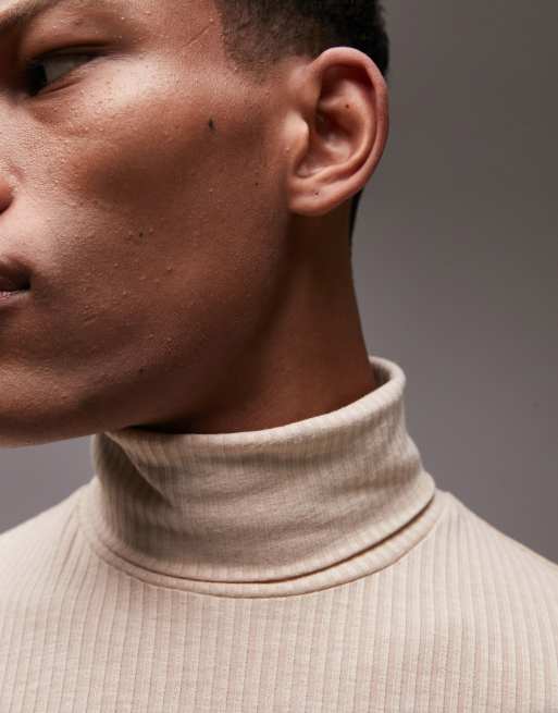 Topman classic long sleeve rib roll neck sweater in stone | ASOS