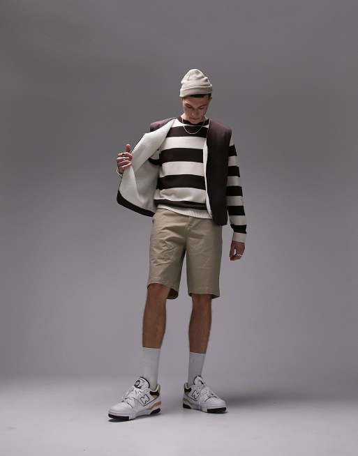 Topman classic stripe knitted crew neck jumper in ecru & brown