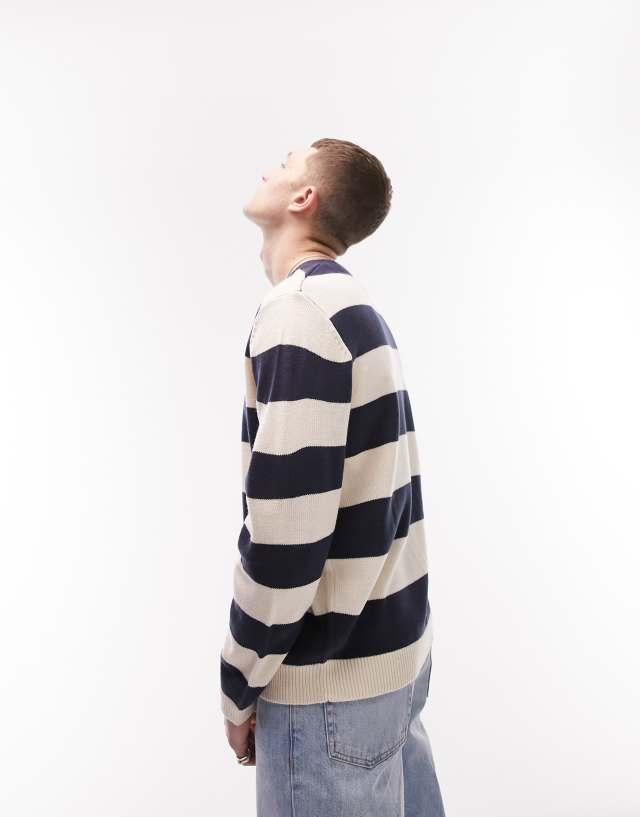 Topman classic stripe knitted crewneck in ecru & navy