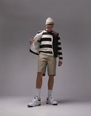 Topman classic stripe knitted crewneck jumper in ecru & brown