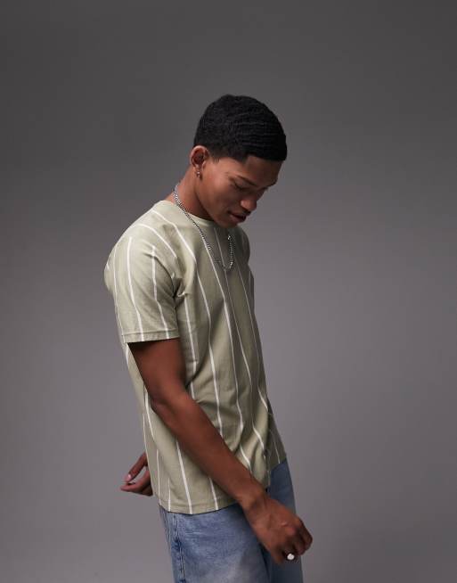 Topman classic t-shirt with vertical stripe in sage