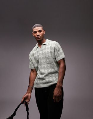 Topman co-ord jacquard knitted revere polo in sage  - ASOS Price Checker