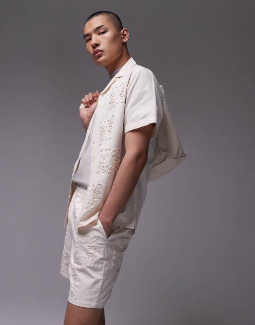 Topman co-ord laid on embroidered linen mix shorts in ecru, 2 of 5