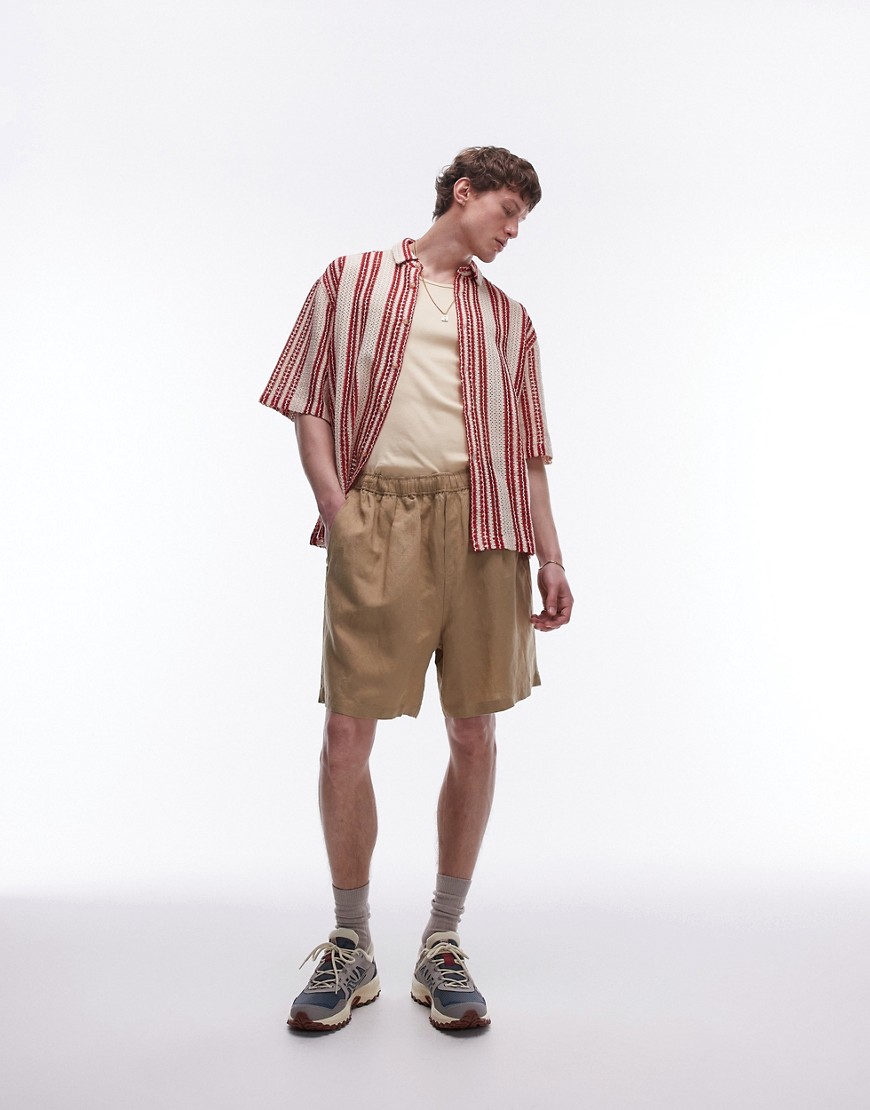 Topman co-ord linen mix drop crotch shorts in stone-Neutral