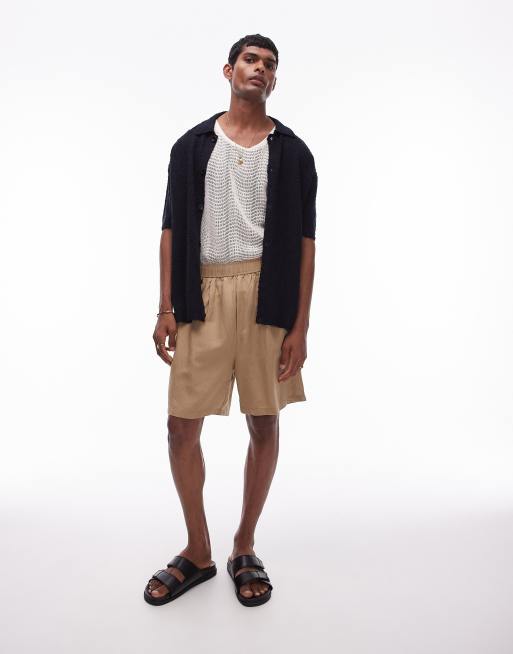 Topman co ord linen rich drop crotch shorts in stone