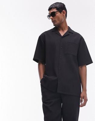 Topman co-ord short sleeve plisse shirt in black