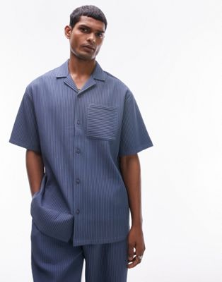 Topman co-ord short sleeve plisse shirt in mid blue