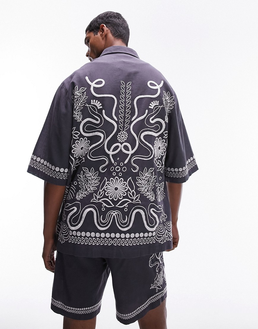Topman co-ord short sleeve relaxed embroidered back shirt in blue