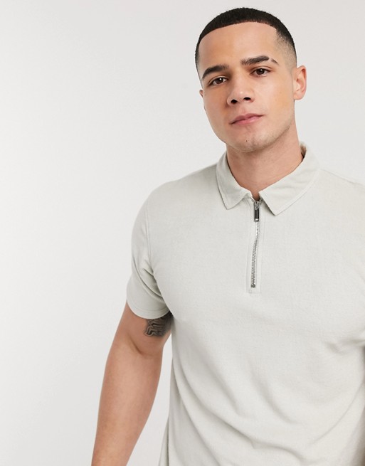 Topman co-ord towelling half zip polo in off white