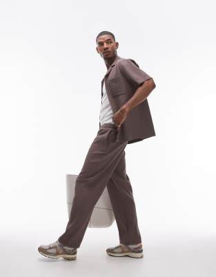 Topman Topman co-ord wide leg plisse trousers in brown