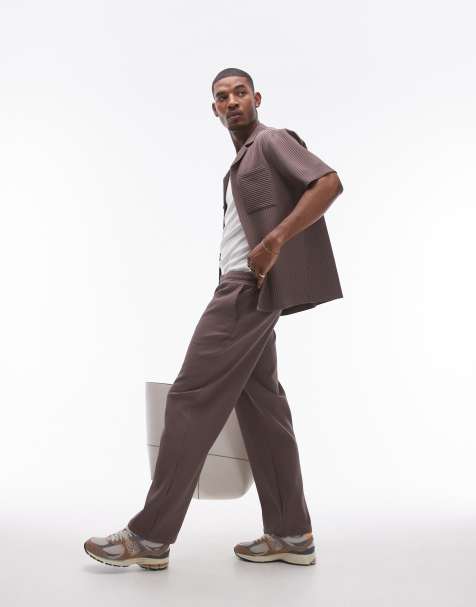 Topman co-ord wide leg plisse trousers in brown - view 1